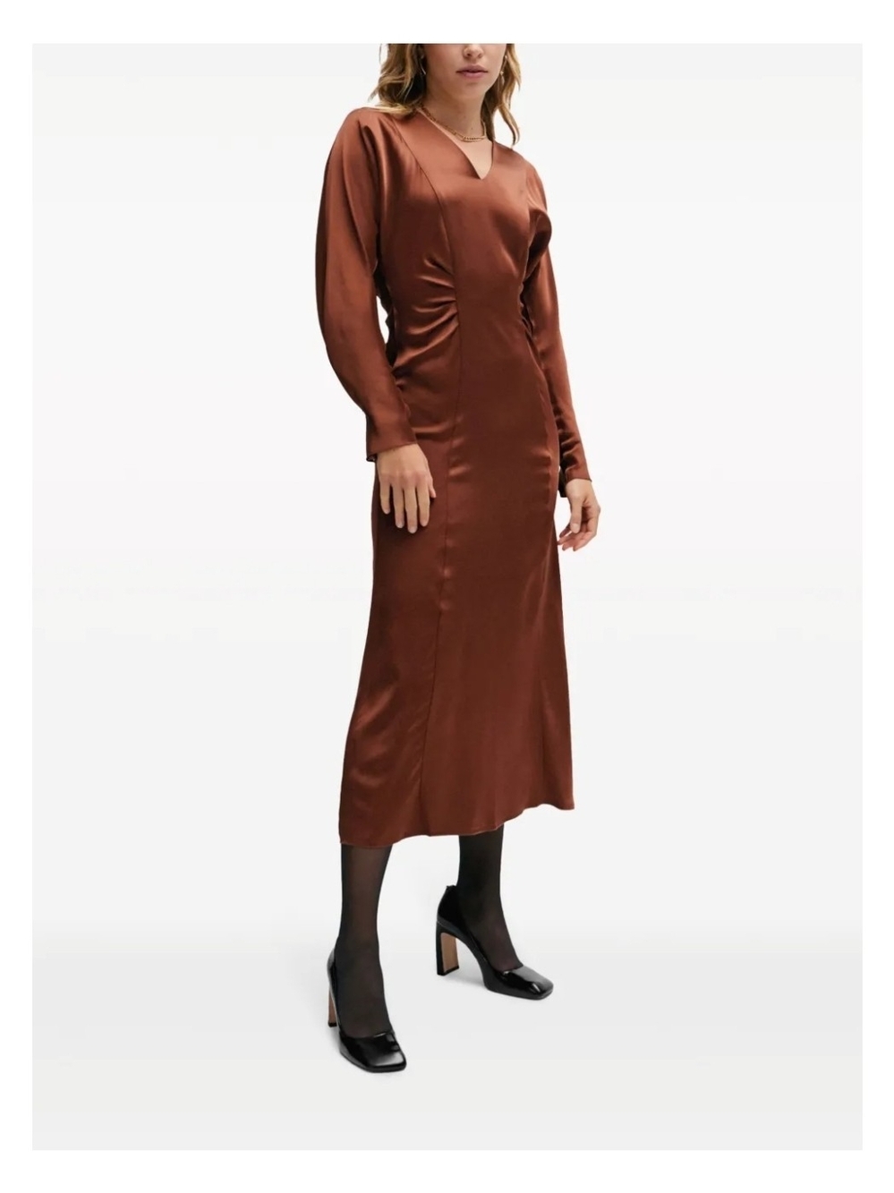 BOSS V-Neck Satin Midi Dress | Chestnut Brown | US 8 | NWT